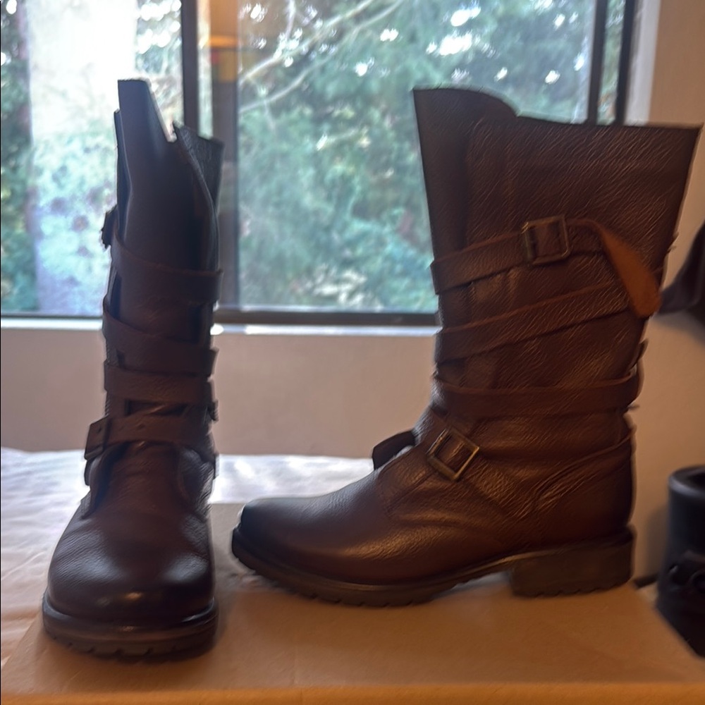 Brown Combat Moto Boots with Buckles and Straps